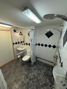 een badkamer met een wastafel, een toilet en een bad bij Kolbackens Camping & Stugby in Åsarna +8 foto's