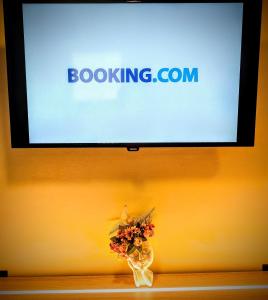 a tv screen with a vase of flowers on a table at Gasteiz Etxea l in Vitoria-Gasteiz
