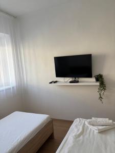 Televízia a/alebo spoločenská miestnosť v ubytovaní Hungaria Apartments