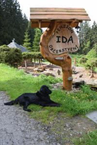 Ein schwarzer Hund im Gras neben einem Schild. in der Unterkunft Penzion Ida in Lenora