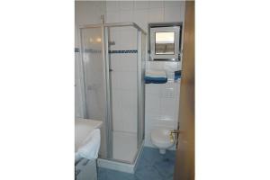 a bathroom with a shower and a toilet at Schwertlilie in Wittdün