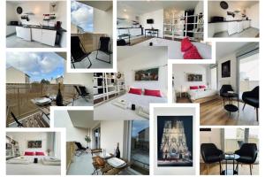 a collage of photos of a room with a building at Bleuets studio cosy neuf terrasse proche centre in Reims