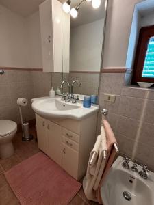 un bagno con lavandino, WC e specchio di Mansarda Bellavista & La Villa dei Nonni a Sulmona Altre 28 foto