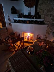 a fireplace in a living room with chairs and a table at HideAway Lasa in Lasa