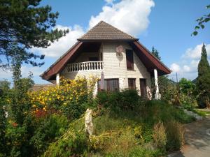 a house on a hill with flowers at Fischstübchen Neeberg Fewo 5 – Bootshaus in Krummin