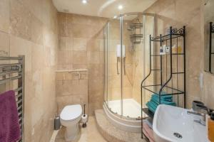 a bathroom with a shower and a toilet and a sink at Composers apartment in Cowes