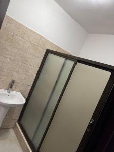 un bagno con porta doccia in vetro e lavandino di Kachimam Apartment a Lusaka