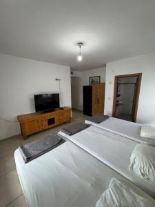 three beds in a room with a tv and a room with at Sea of Galilee Gemstone in Tiberias +5 photos