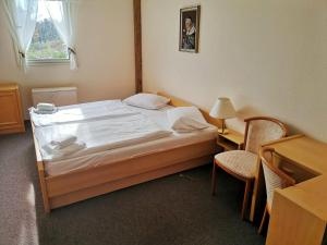 a bed in a room with a desk and a bed sidx sidx sidx at Chata PAM in Jáchymov