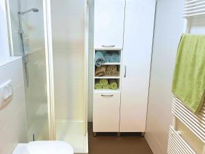 a bathroom with a shower and a white cabinet at Apartment Hakuna Matata in Moravske Toplice