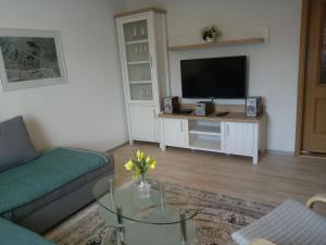 a living room with a couch and a tv at Wohnung In Hänichen Mit Garten in Bannewitz +7 photos