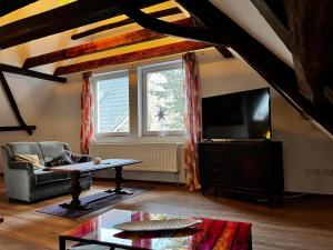 ein Wohnzimmer mit Couch und Flachbildfernseher in der Unterkunft Kastanie im Neandertal in Erkrath