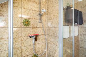 een douche met een douchekop in een badkamer bij Ferienwohnung bei Fredy in Langenargen +16 foto's
