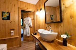a bathroom with a sink and a mirror at Luxury Off-Grid Cabin with Outdoor Bath in Scotland in Clachan of Campsie