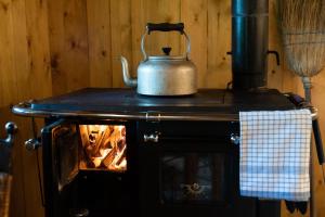 a stove with a tea kettle on top of it at Luxury Off-Grid Cabin with Outdoor Bath in Scotland in Clachan of Campsie