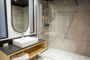 ケンジェジン・コジレにあるHotel Hugo Business & Spaの洗面台とシャワー付きのバスルーム