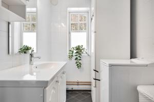 a white bathroom with a sink and a window at Cabin in Trysil with seaview to lake in Trysil +16 photos