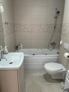 a bathroom with a tub and a toilet and a sink at Vera's Apartment in Timişoara +4 photos