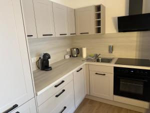 een keuken met witte kasten en een zwart apparaat op het aanrecht bij Forst & Flair Apartment in Bad Harzburg