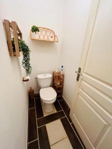 La salle de bains est pourvue de toilettes et d'une porte. dans l'établissement Charmante maison, 3 chambres et parking, Vienne, à Vienne