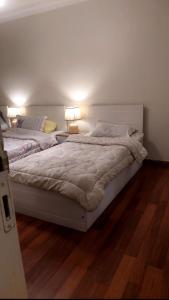 - une chambre avec 2 lits et une lampe sur du parquet dans l'établissement Amazing Nile view luxury apartment with wifi, au Caire