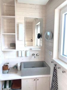 a bathroom with a sink and a mirror at Hausboot Bruntje mit Dachterrasse in Schleswig in Schleswig