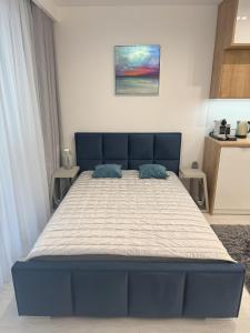 - un lit dans une chambre avec un cadre bleu dans l'établissement Lake View Sea Apartment Rogowo Pearl, à Rogowo 48 autres photos