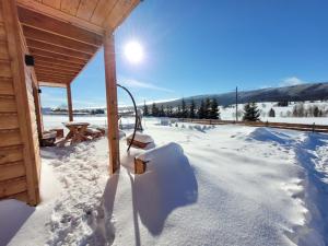 a snow covered porch of a cabin with a picnic table at Chalet Osada Orlica by Interhome in Lasowka