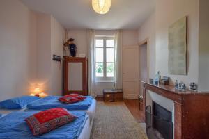 a bedroom with two twin beds and a fireplace at Domaine de Laguneaussan in Lesparre-Médoc
