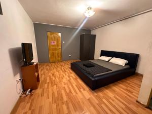 a room with a bed and a television in it at Take Ionescu Center Apartment in Timişoara