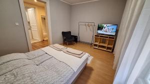 a bedroom with a bed and a television in it at 100 Éves Ház in Esztergom