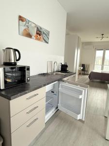 a kitchen with a counter with a microwave and a sink at FiorIris del lago in Stresa +13 photos
