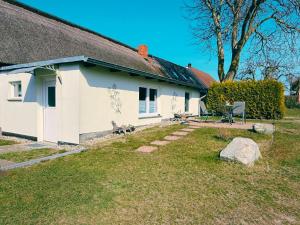 a white house with a tree and a yard at Ferienwohnung 3 & 4 Wald & See in Zirchow