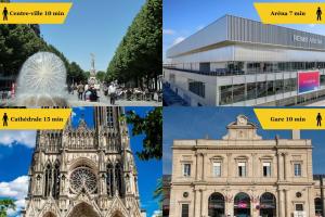 a collage of pictures of different buildings and a building at Les 3 Piliers grand T2 confortable avec parking in Reims