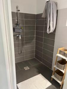 a bathroom with a shower with gray tiles at Bungalow 2 personnes Petit Bourg " La Bergetterie" in Petit-Bourg