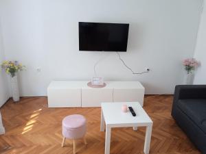 a living room with a couch and a tv on a wall at Apartman Panonia in Slavonski Brod