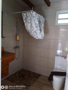 a bathroom with a shower curtain and a toilet at Wakerasuites in Les Abymes
