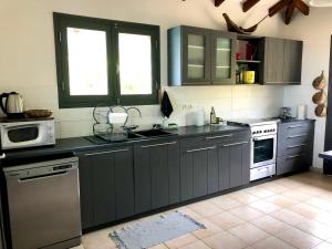 a kitchen with gray cabinets and a sink and a stove at Villa Bambou, vue mer, panorama sur la baie des Saintes in Terre-de-Bas
