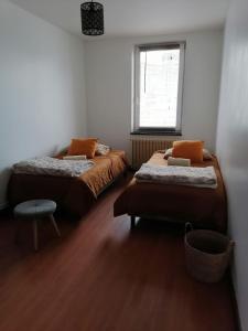 two beds in a small room with a window at Appart Terrasse in Strasbourg