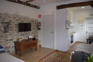 a living room with a tv on a stone wall at Anikuenea landa apartamentua in Zaláin
