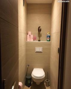 a small bathroom with a toilet and some towels at APPARTEMENT T3 65 m2 HAUT STANDING in Basse-Yutz +2 photos