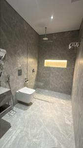 Un baño con inodoro y ducha de cristal. en White Beach Hotel Suites, en Rabigh