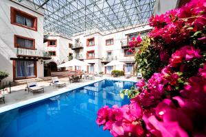 una piscina de hotel con flores rosas y techo de cristal en Misión Guanajuato en Guanajuato