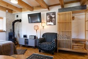 a living room with a chair and a television at Studio w zabytkowej kamienicy in Gdynia