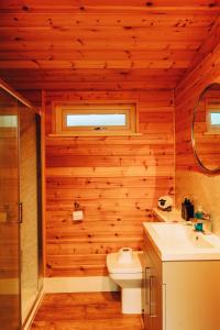 ein Badezimmer mit Holzwänden, einem WC und einem Waschbecken in der Unterkunft The Wellsprings Lodges and Restaurant in Clitheroe + 25 Fotos