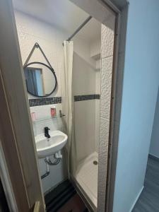 Un pequeño baño con lavabo y ducha. en Faculte Hotel, en Marsella