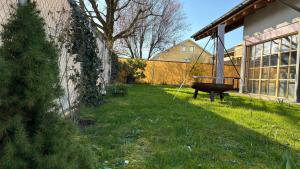 a yard with a tree and a swing in the grass at Familienparadies am Bodensee - 87m2 Haushälfte mit Garten & Heimkino in Gaißau