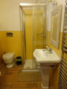 uma casa de banho com um chuveiro, um lavatório e um WC. em Torricini Skyline em Urbino