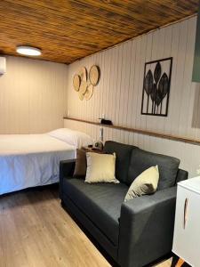 a living room with a couch and a bed at Cabana ECO - Teresópolis in Teresópolis