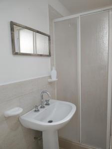 une salle de bain avec un lavabo et une douche avec un miroir dans l'établissement Departamento Lionel, à Río Gallegos